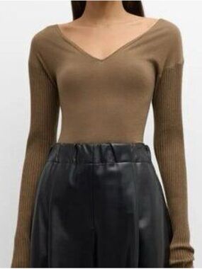 A.L.C. Mocha Brown Merino Wool V-Neck Long Sleeve Sweater Sz S Minimal Chic